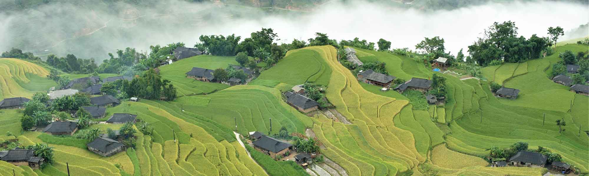 Hus i grønt fjellandskap i Giang i Vietnam