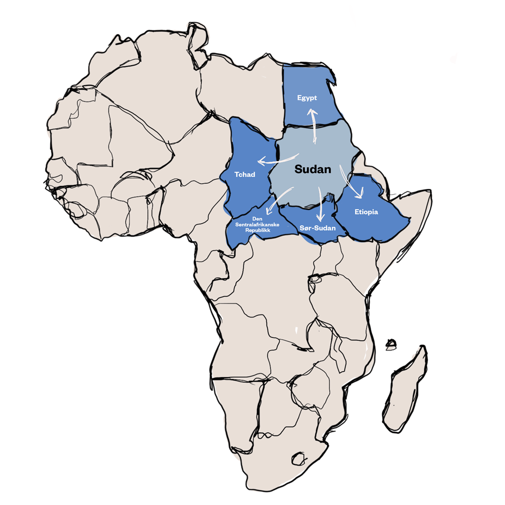 Kart som viser hvor befolkningen i Sudan flykter.